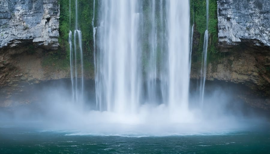 Vertical panorama photograph of a majestic waterfall spanning from its cascade top to the misty pool below