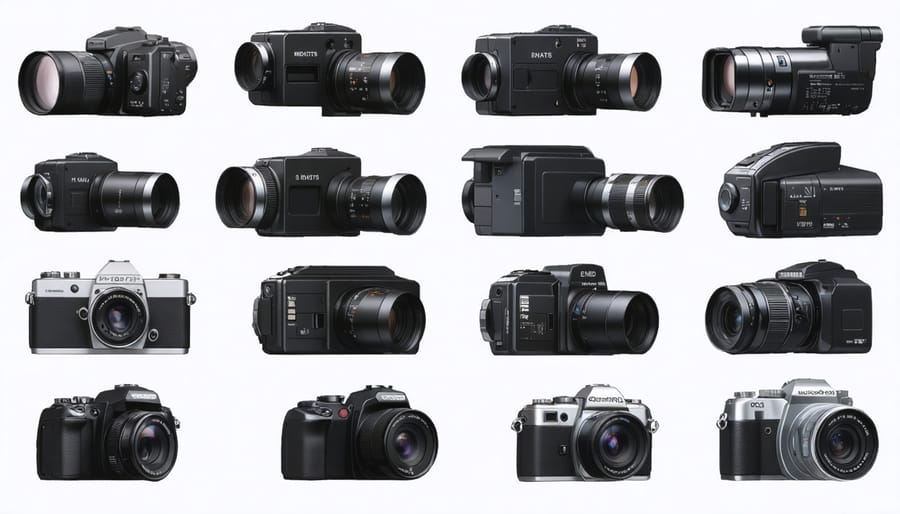 Display of classic VHS, Hi8, and Digital8 camcorders including Sony Handycam and JVC models