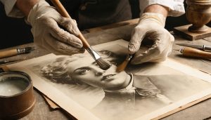 An artistically composed scene showing a conservator carefully restoring a vintage photograph at a workstation, surrounded by restoration tools like gloves, soft brushes, and magnifying glass, symbolizing the blend of science and art in the restoration process.