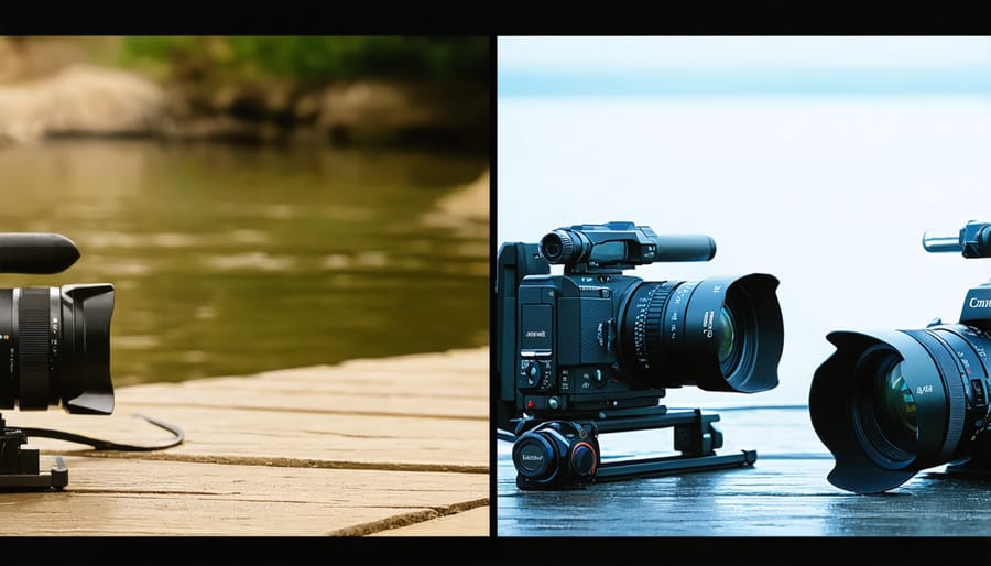 Split-screen comparison between crisp digital video and grainy VHS-style footage