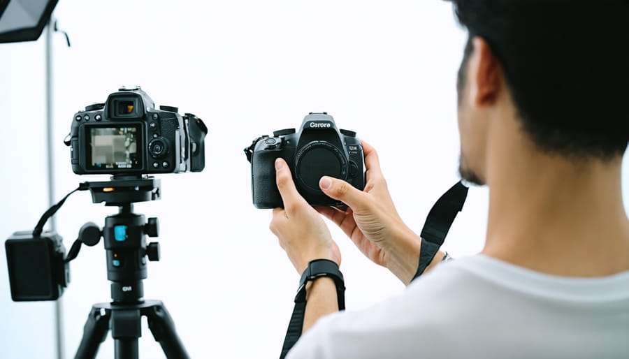 Professional photographer using both DSLR and mirrorless cameras at a wedding ceremony