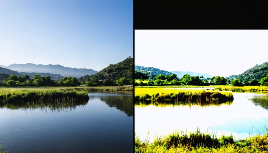 Demonstration of proper white balance correction showing warm and neutral versions of the same landscape