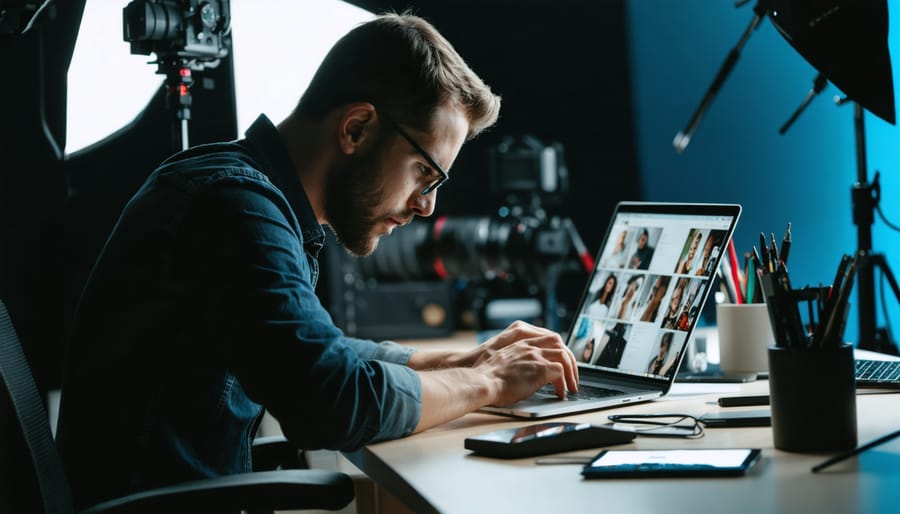 "Photographer engaged in photo editing using AI software on a laptop, surrounded by professional studio equipment."