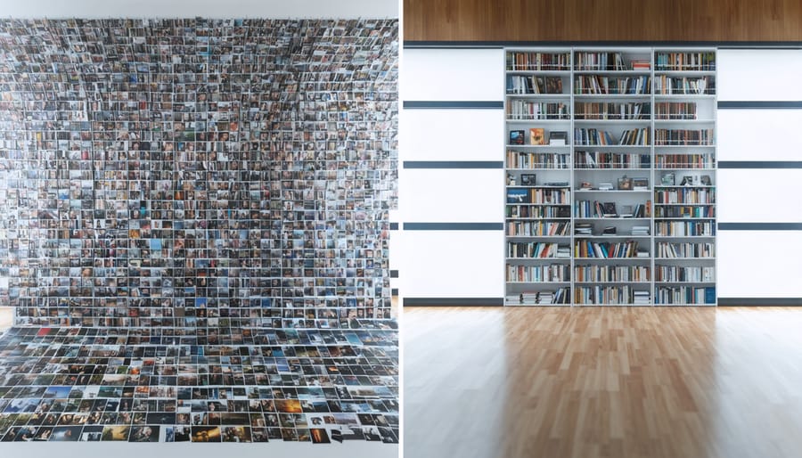 A split-screen image showing a chaotic, disorganized digital photo library on the left versus a neatly categorized and organized photo library on the right, symbolizing the impact of AI photo managers with smart tagging and categorization.