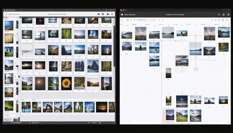 Comparison of disorganized photo collection versus AI-organized photo library with smart tags and categories