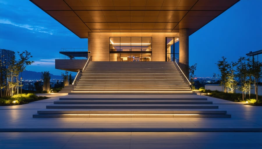 Modern building illuminated at night with professionally controlled LED lighting