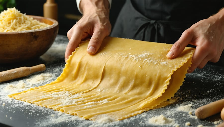 Hands rolling fresh pasta dough on wooden surface with traditional tools