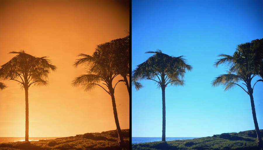 Split screen showing camera LCD at full brightness versus reduced brightness with battery indicators