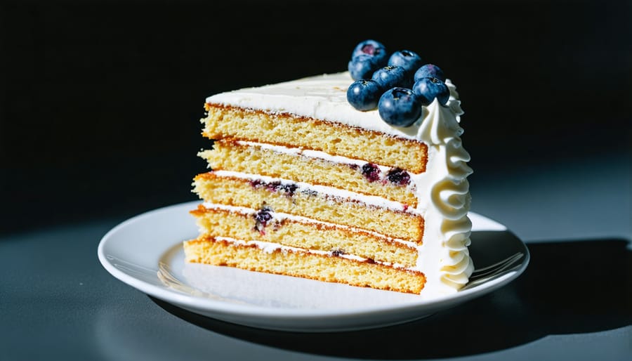 Close-up side view of layered cake showing texture detail