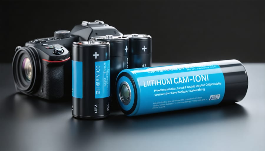 Collection of professional camcorder batteries arranged on reflective surface