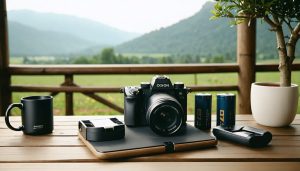 Modern mirrorless camera with Z-series batteries and charging station, symbolizing power and reliability for outdoor and professional photography.