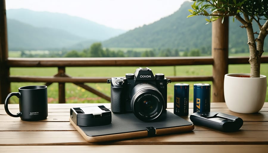 Modern mirrorless camera with Z-series batteries and charging station, symbolizing power and reliability for outdoor and professional photography.