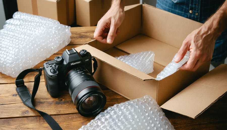 Photographer’s hands examining a mirrorless camera and 70–200mm lens on a wooden table beside an open shipping box, with a blurred rental shop counter on one side and a residential entryway with delivered packages on the other.