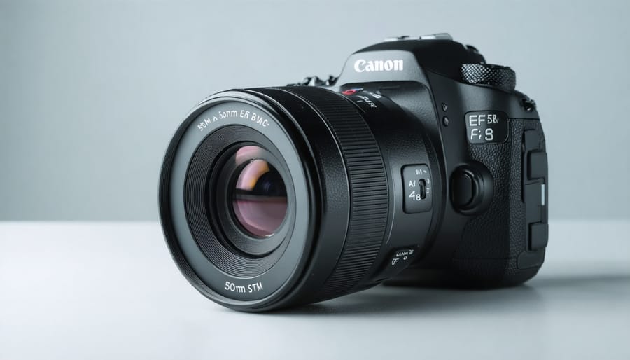 Canon 50mm f/1.8 STM lens on wooden surface with camera body