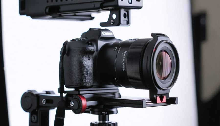 Close-up of a Canon RF lens on a mirrorless camera video rig with follow-focus and shotgun microphone, lit by soft studio light, with a blurred softbox, tripod, and gimbal in the background.