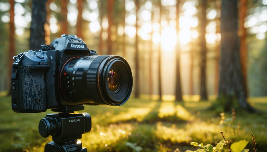 Canon camera with professional video lens mounted on stabilizer during production