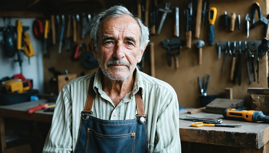 Environmental portrait of a craftsman surrounded by tools and work in progress