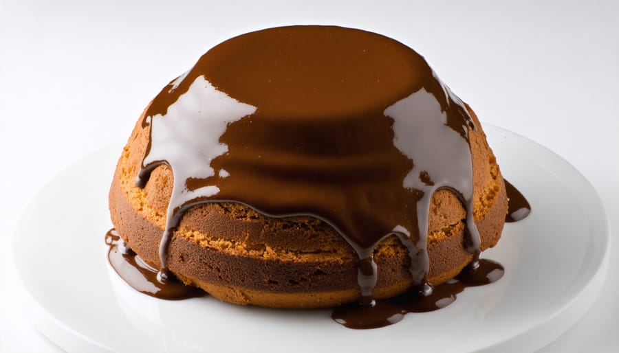 Close-up of chocolate soufflé with powdered sugar dusting