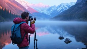 A photographer using lens filters to transform a natural landscape into a vibrant and dreamlike scene, showcasing the creative possibilities in photography.