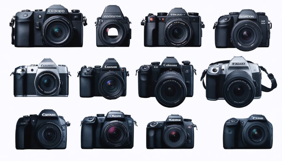 Display of diverse photography equipment used in documentary photography worldwide