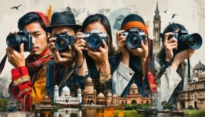 A creative collage showing diverse documentary photographers from around the world capturing real-life moments, with cultural landmarks and traditional elements in the background, representing the influence of cultural identity on modern documentary photography.