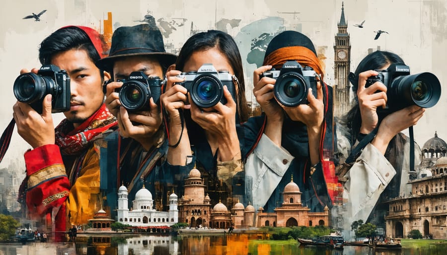 A creative collage showing diverse documentary photographers from around the world capturing real-life moments, with cultural landmarks and traditional elements in the background, representing the influence of cultural identity on modern documentary photography.