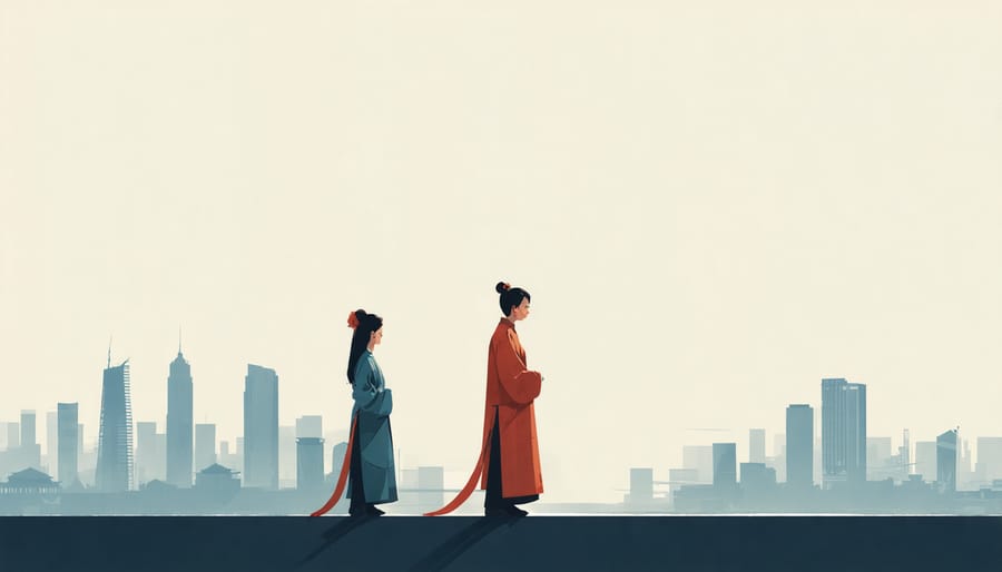 Photographer in traditional clothing photographing modern city buildings