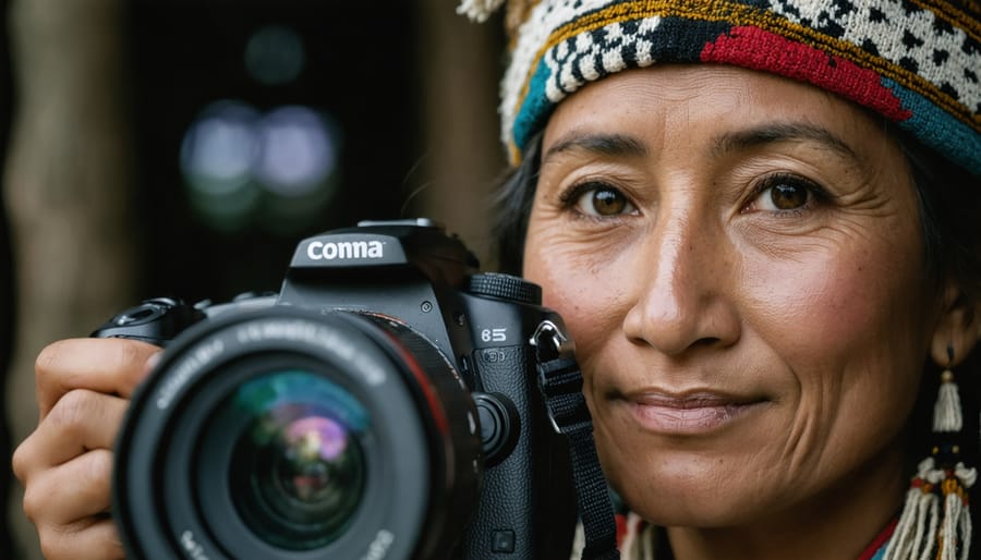 Hands adjusting camera settings with traditional weaving in background