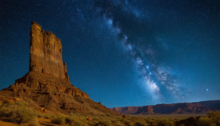 Milky Way galaxy arching over silhouetted desert rock formations at night