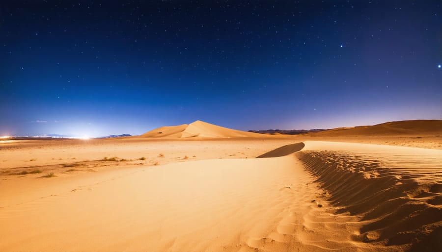 Professional camera with wide-angle lens mounted on tripod in desert environment at dusk