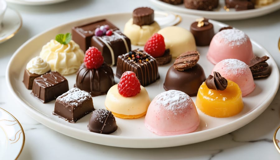 "A close-up of a dessert platter with colorful pastries and chocolates, shot from above with soft lighting and a blurred background."