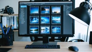 "Computer screen showing a digital photo file management interface in a modern office setting."