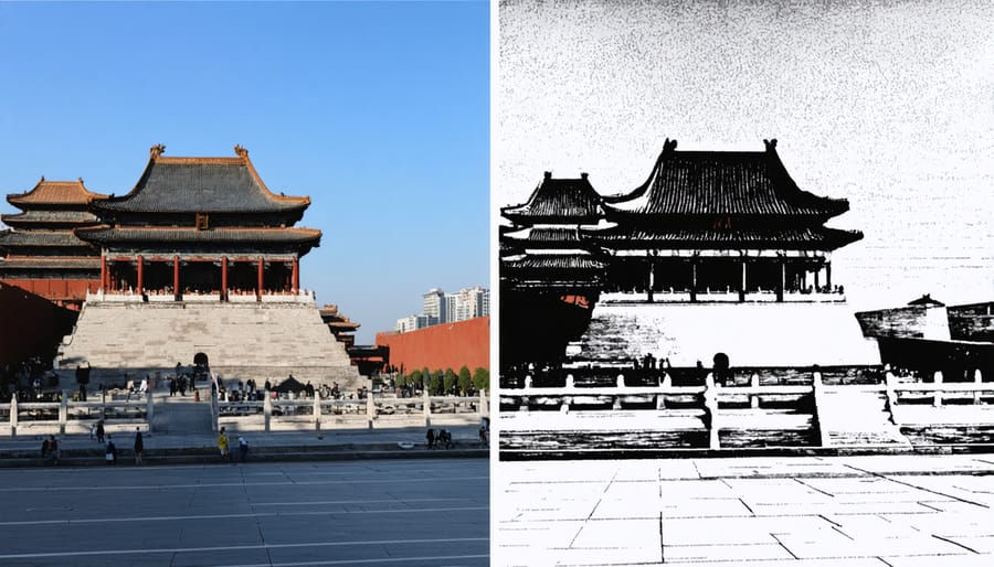 Comparative street photography showing Western and Eastern documentary styles of the same urban scene