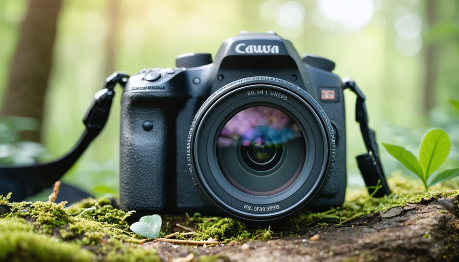 Wildlife photographer using sustainable camera equipment in nature