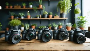 "A display of eco-friendly cameras from Nikon, Canon, and Sony in a modern studio with sustainable materials."