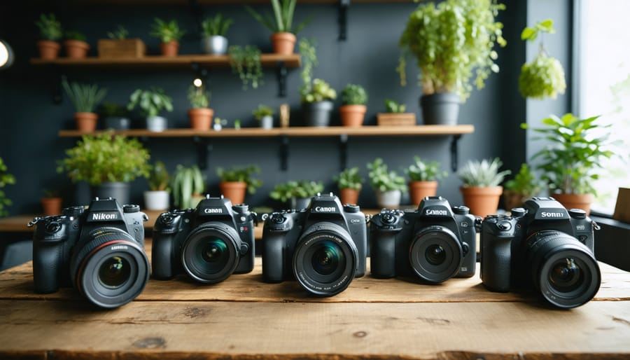 "A display of eco-friendly cameras from Nikon, Canon, and Sony in a modern studio with sustainable materials."