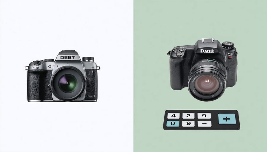 Comparison of photography equipment with financial calculation overlay