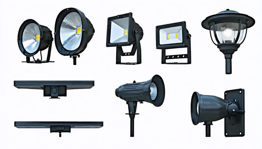 Organized display of speedlights, diffusers, reflectors, and light stands for outdoor photography