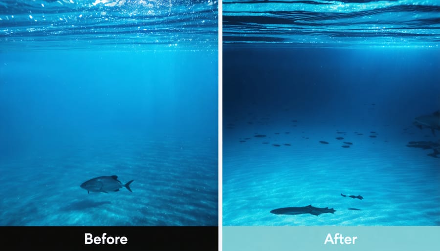 Side-by-side comparison showing natural coral colors versus artificially enhanced colors in post-processing