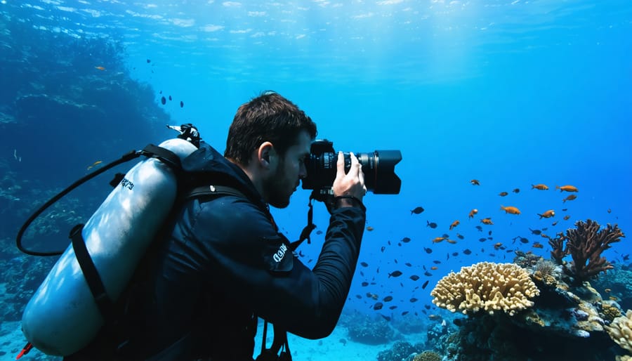 Underwater photographer capturing marine life while maintaining a safe distance, demonstrating proper buoyancy control and ethical practices near coral reefs.
