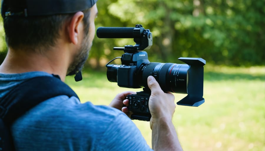 Videographer filming with professional camcorder equipped with battery grip