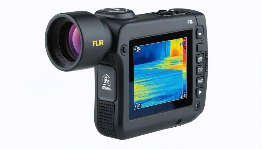 FLIR E4 thermal imaging camera with LCD screen and control buttons visible