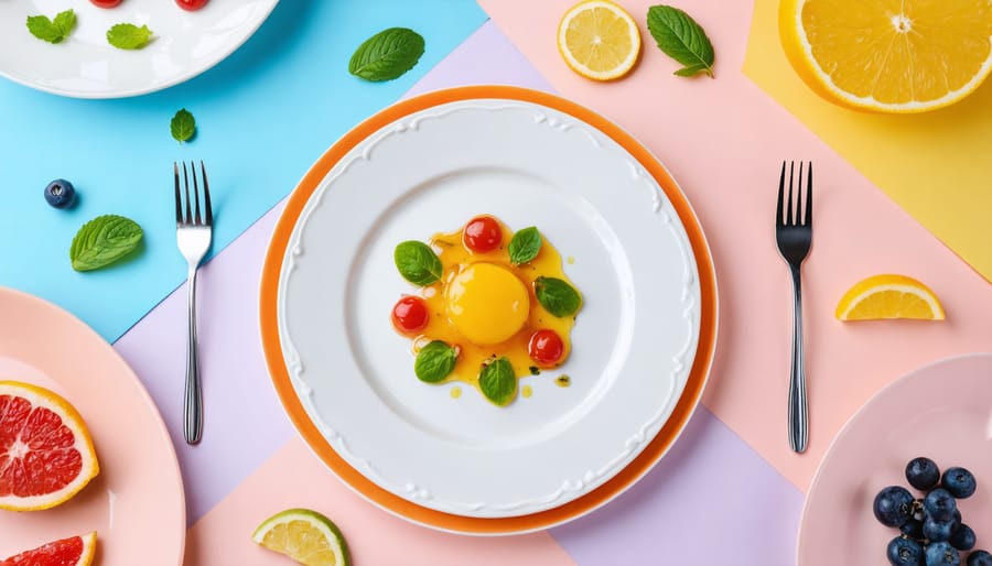 Overhead view of colorful breakfast bowl with fruits and granola