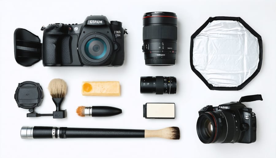 Essential food photography equipment layout including camera, lens, reflector, and styling tools