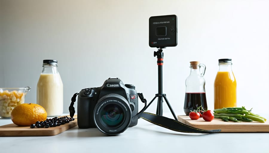 Professional camera setup with macro lens and tripod next to plated dish