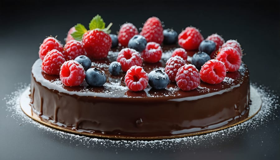 Chocolate ganache tart with berries showing perfect reflection control