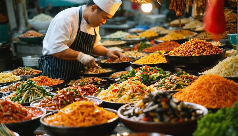 "Food photographer taking pictures of colorful international dishes at a vibrant global market during golden hour."