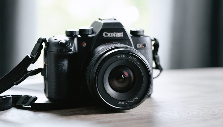 Photographer using both professional camera and smartphone with AI app in outdoor setting