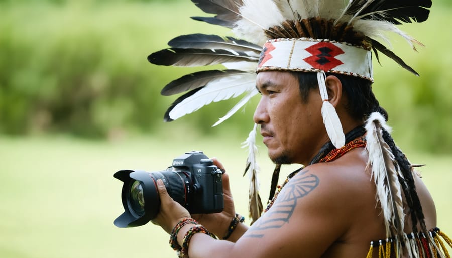 Indigenous photographer documenting cultural ceremonies with visible consideration for cultural protocols