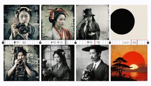 A timeline collage depicting the evolution of Japanese photography, featuring historic daguerreotype portraits and modern digital innovations, with elements of traditional Japanese aesthetics.